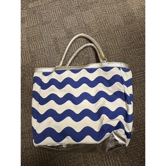 Felix Rey Tote Bag Women Blue Canvas Faux Leather Fish Sequin Gold Handles Purse - Picture 6 of 9